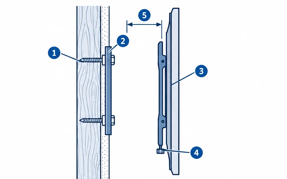 Diagram: side section of a fixed low-profile TV mount lag-bolted into a wood stud