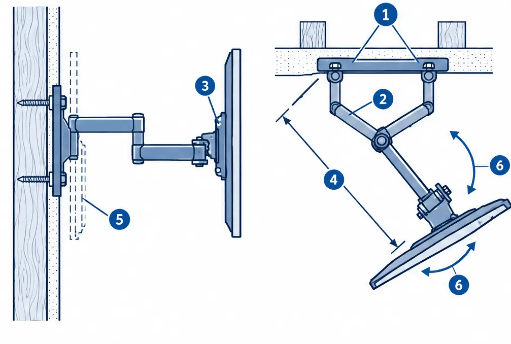 Diagram: side and top views of a full-motion TV arm anchored across two studs