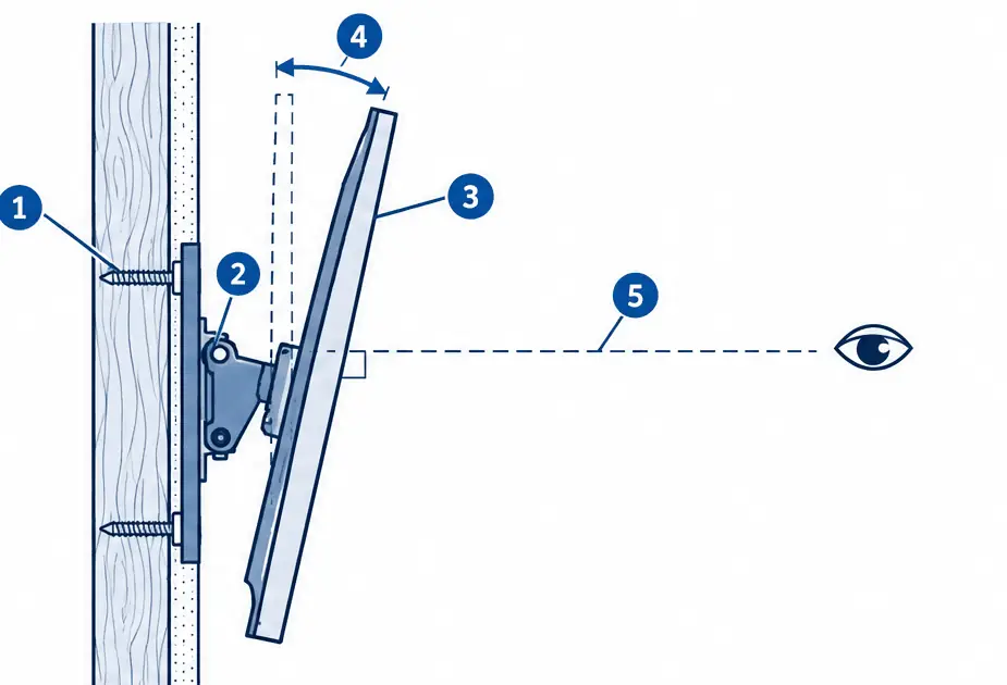Diagram: side section of a tilting TV mount angling the screen down